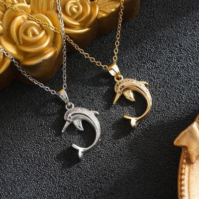 Trendy Titanium Steel Dolphin Necklace with Zircon Inlay