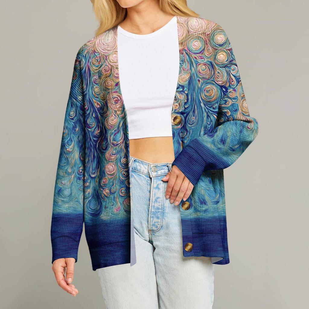 Women's Fashion Long Sleeve Christmas Print V-Neck Button Loose Cardigan Top