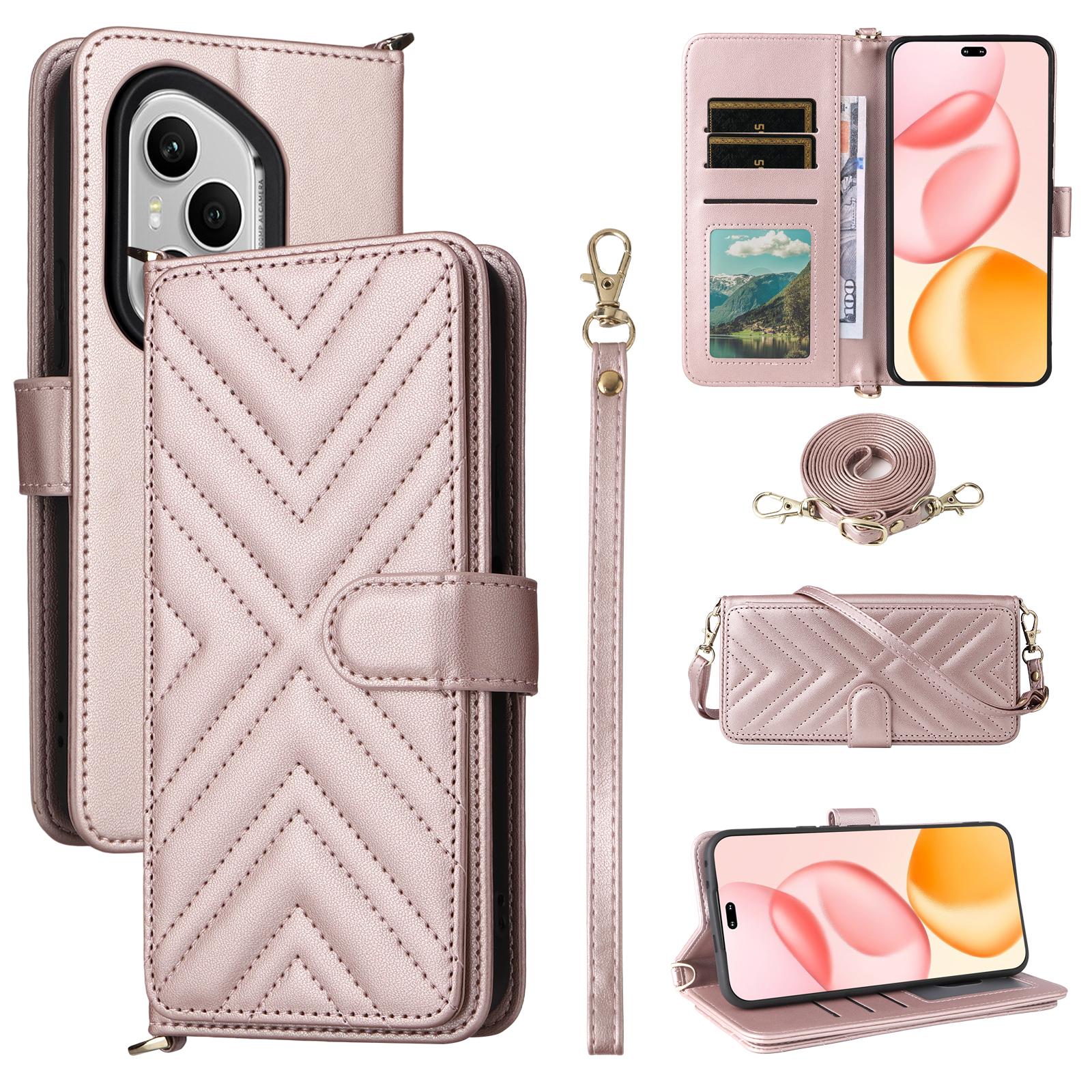 

Для Honor 400 Pro 5G (Глобальный) Чехол с плечевым/кистевым ремешком Кожаный чехол для телефона Подставка Кошелек Pink