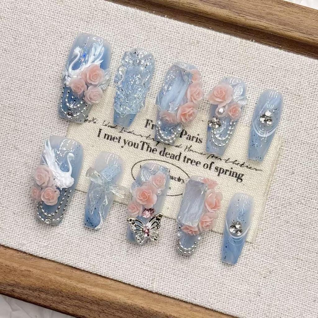 3D Light Blue Swan Medium-Length Pointed Fake Nail Art – Handmade Wearable Nails