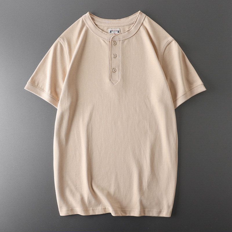 American Retro Henley Shirt Heavy Weight Pure Cotton Short Sleeve Amekaji Henry Collar T-Shirt Export Export Menswear T-shirt
