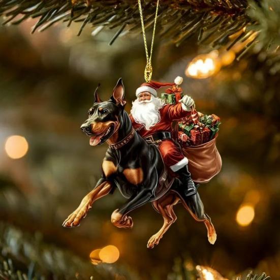 Santa Claus Dog Christmas Ornaments Funny Santa Claus Riding Puppy Ornaments 2D