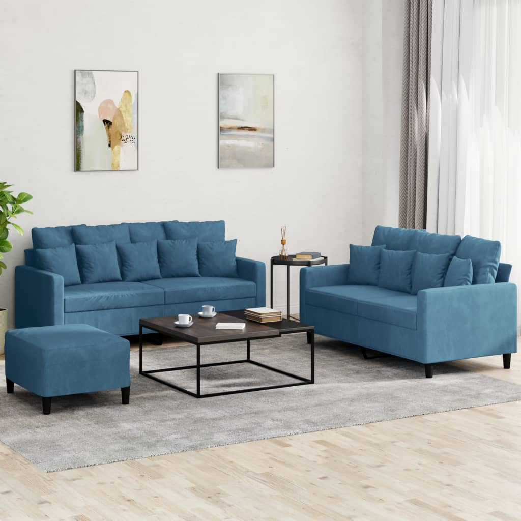 3 Piece Sofa Set with Cushions Blue Velvet