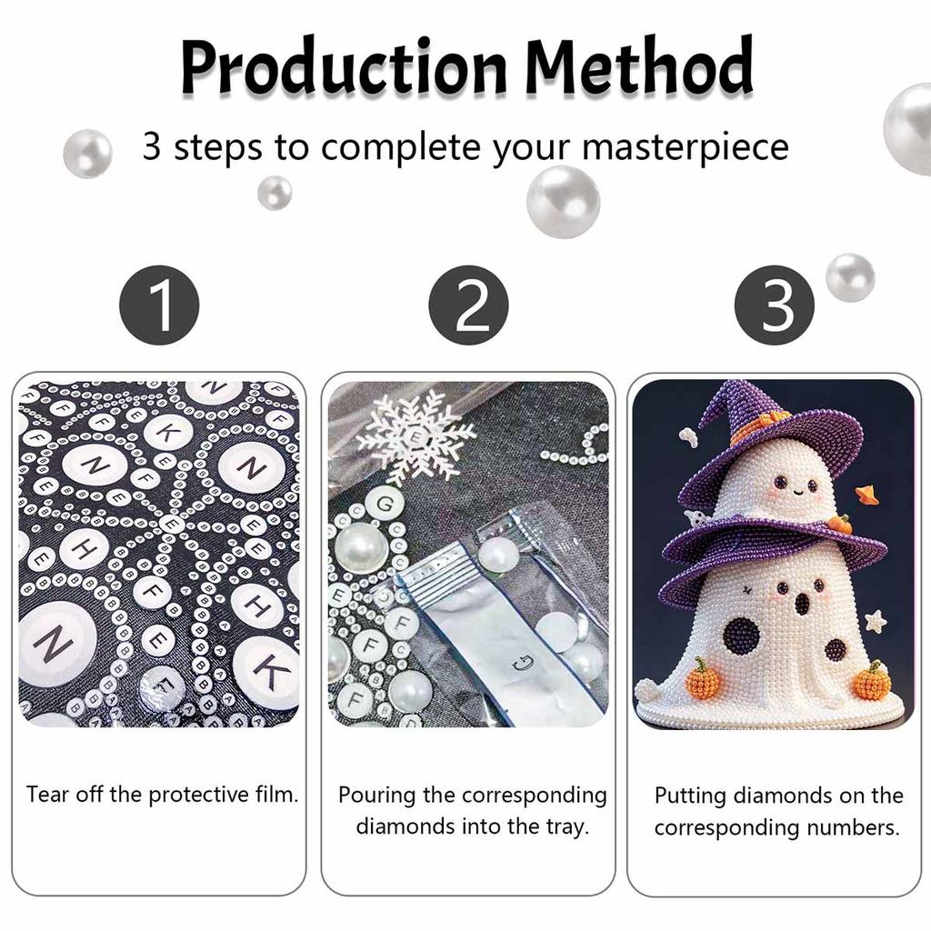 DIY Frameless Pearl Painting Kit Cute Ghost Halloween 3D Bead Art Canvas Relaxing Craft for Home Wall Decor Gift