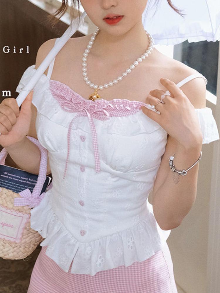 Korea Chic Fake Two-piece Design Sense Shirt Summer New Sweet Lace Shirt Cropped Tops Off Shoulder Sexy Casual Camisole Top