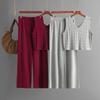 Summer Fashion Suit V-neck Hollow Knitted Vest top Casual Wide Leg Pants Two-piece Set