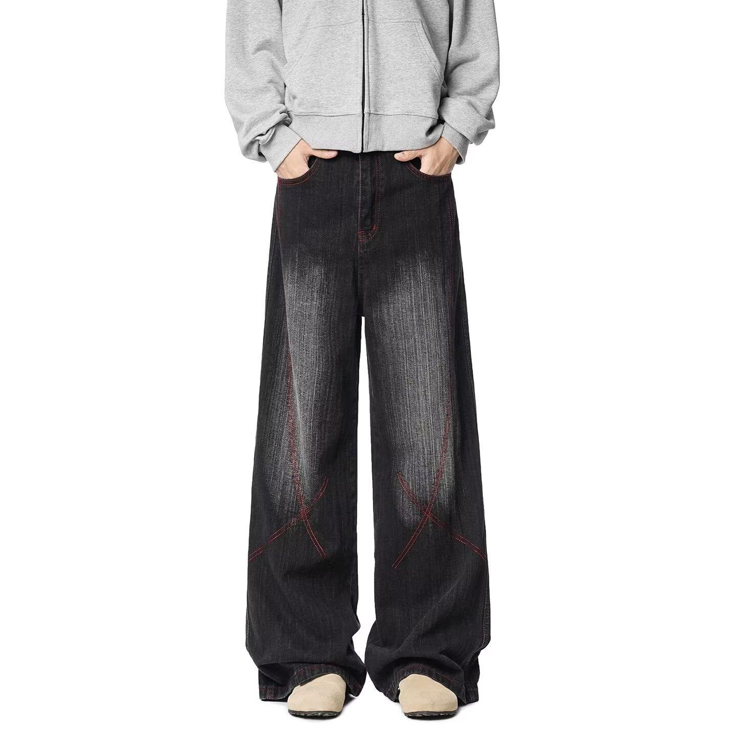 JYL Men s Straight Jeans Trendy Ripped Patch Spring Vintage Tapered Denim S