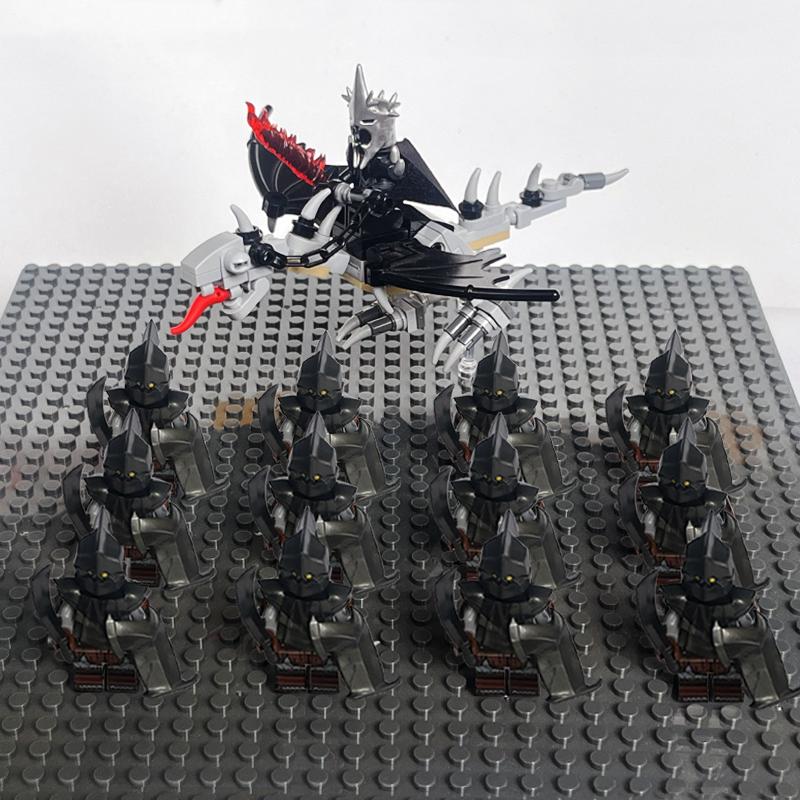 14pcs MOC Medieval Dwarf Warrior Elves Knights LotR Uruk-hai Orc Rohan Soldier with Witch King Leader Figure Building Block Toys
