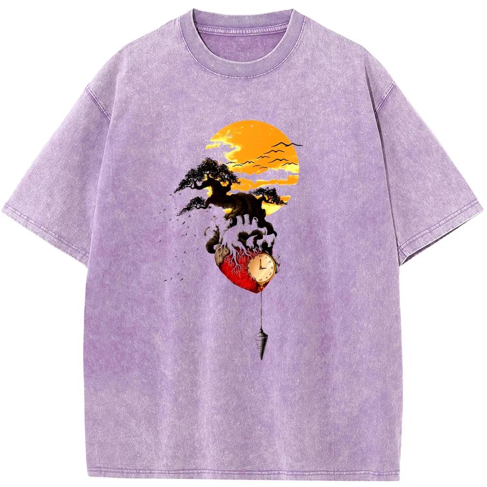 Time Sunset Mountain Men Women Washed T-Shirt Cotton Funny Loose Bleached Tshirt Retro Bleach T shirt Tops Tee