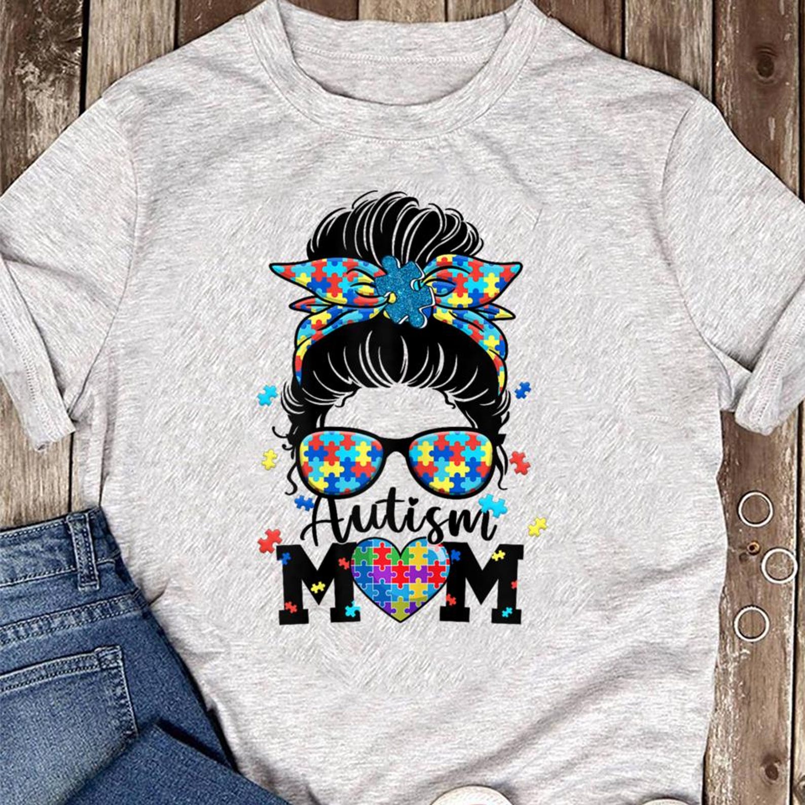Autism Mom Life Messy Bun Sunglasses Bandana Mother’s Day - Support & Advocate Tee - Autism Mom XXL