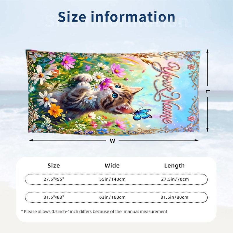 Cat Theme Beach Towel Personalized Custom Name & Text Soft Quick Dry Beach Towel for Swimming Travel