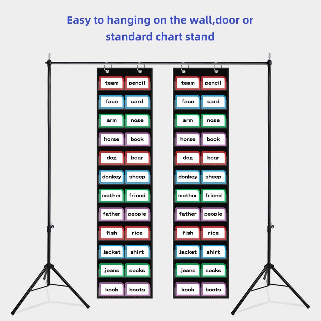 10”W x 48.25”H Classroom Words Pocket Chart with 12 Clear Pockets, Black Standard Pocket Chart for Classroom and Home for Sentence Strips, Reble