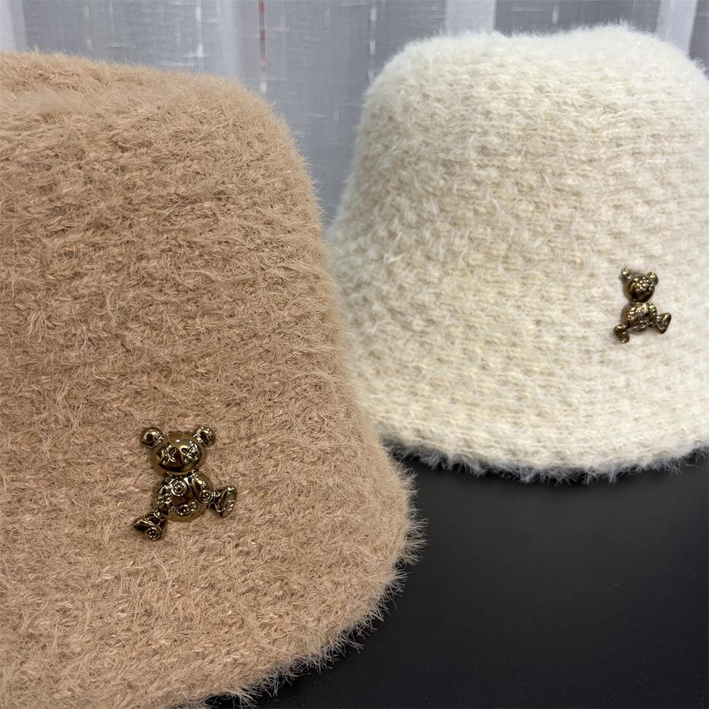 Bucket hat plush hat female winter cute bear rabbit fur bucket hat winter warm washbasin hat female