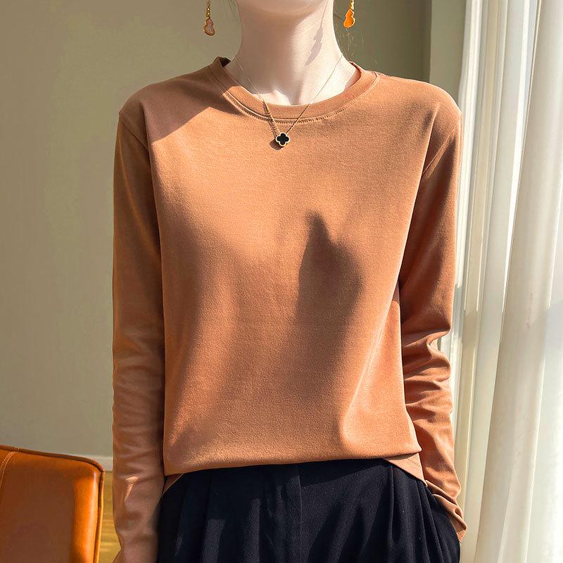 Women's Long-Sleeve Round Neck Loose Base Layer Top, Spring/Autumn Style, Dropped Shoulders, Solid Color