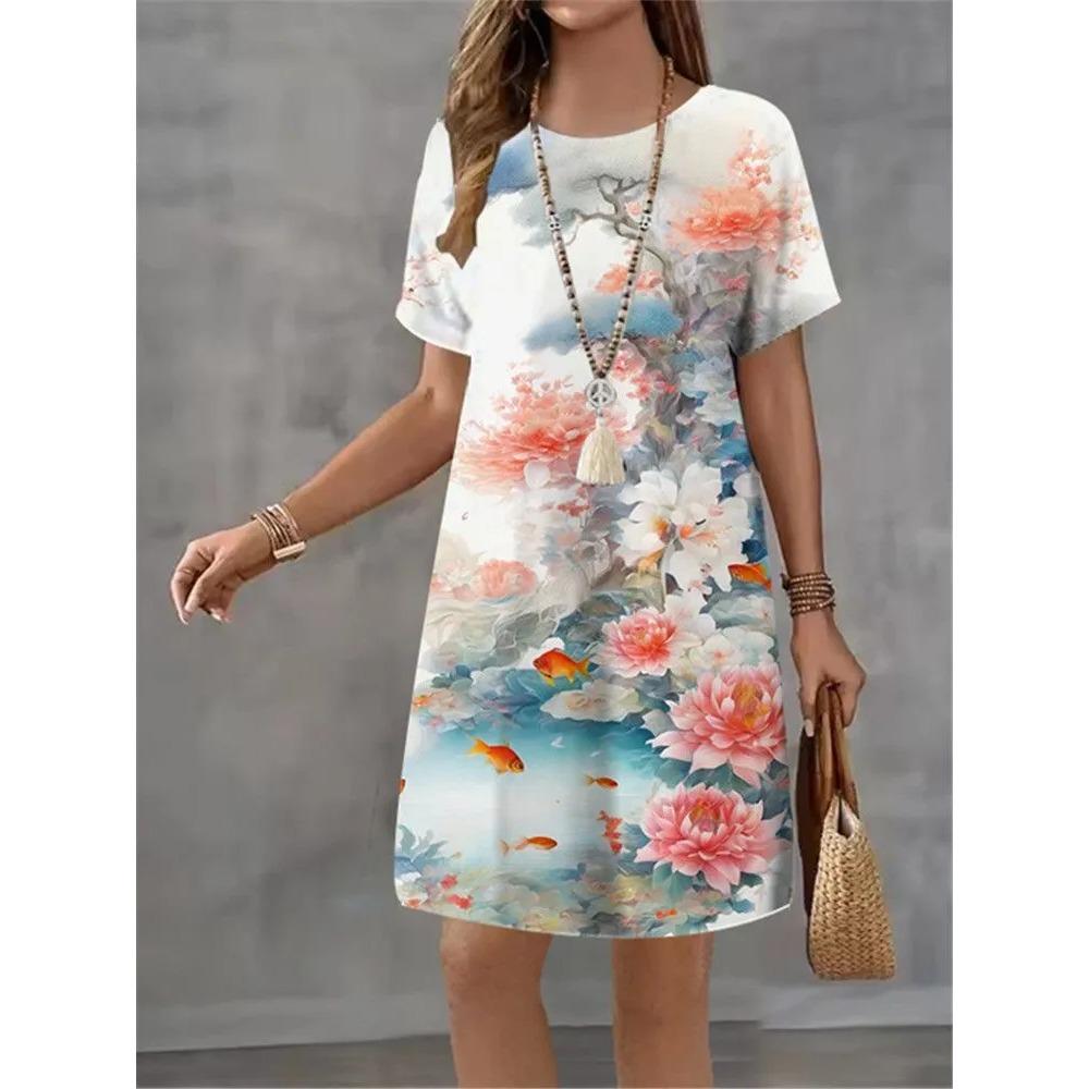 Fashion Elegant T-shirt Dress Summer Women's Casual Comfortable Soft Breathable Dress Colorful Creative Pattern Round Neck Plus Size Loose Dress