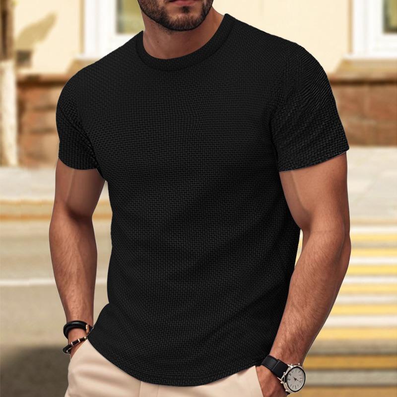 Mens Solid White Waffle Knit T Shirt Casual Crew Neck Short Sleeve Slim Fit Top