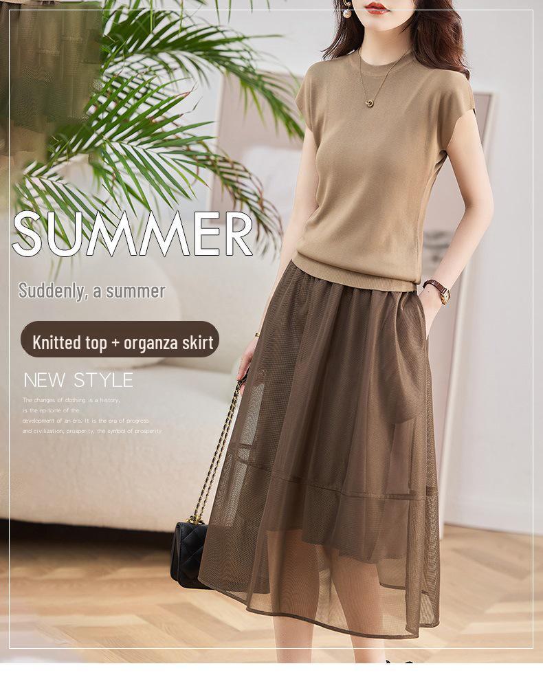 2024 Summer Women's Slim Organza Dress: Ice Silk Knit Waist Two-Piece Set