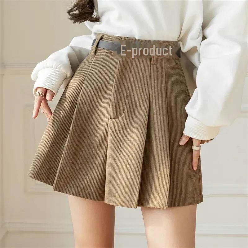 2023 Autumn/Winter Women's Plus Size High Waist Corduroy A-Line Wide-Leg Pleated Shorts