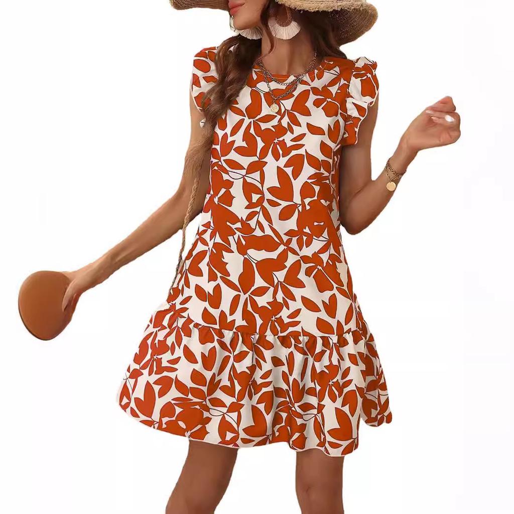 QICED Frühling Sommer Damen Lockerer Rock O-Ausschnitt Mode Bedrucktes Kurzarmkleid
