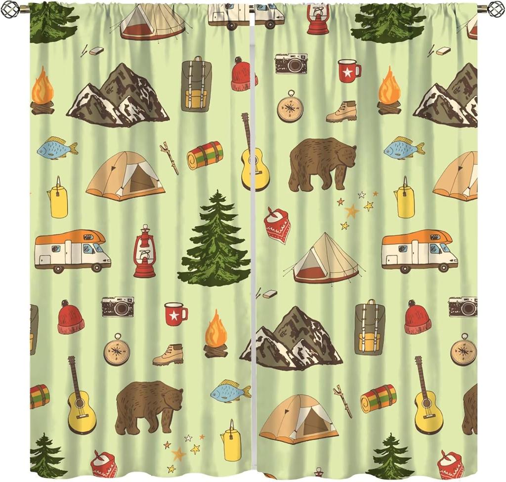 Retro Happy Camper Curta,Rustic Wood Plank Camping Travel Trailer Blackout Rod Pocket Window Curtain,For Boys Girls Living
