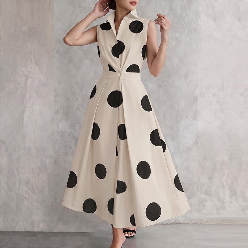 ZANZEA Rochie elegantă de damă, cu guler răsfrânt, casual, fără mâneci, cu imprimeu cu buline
