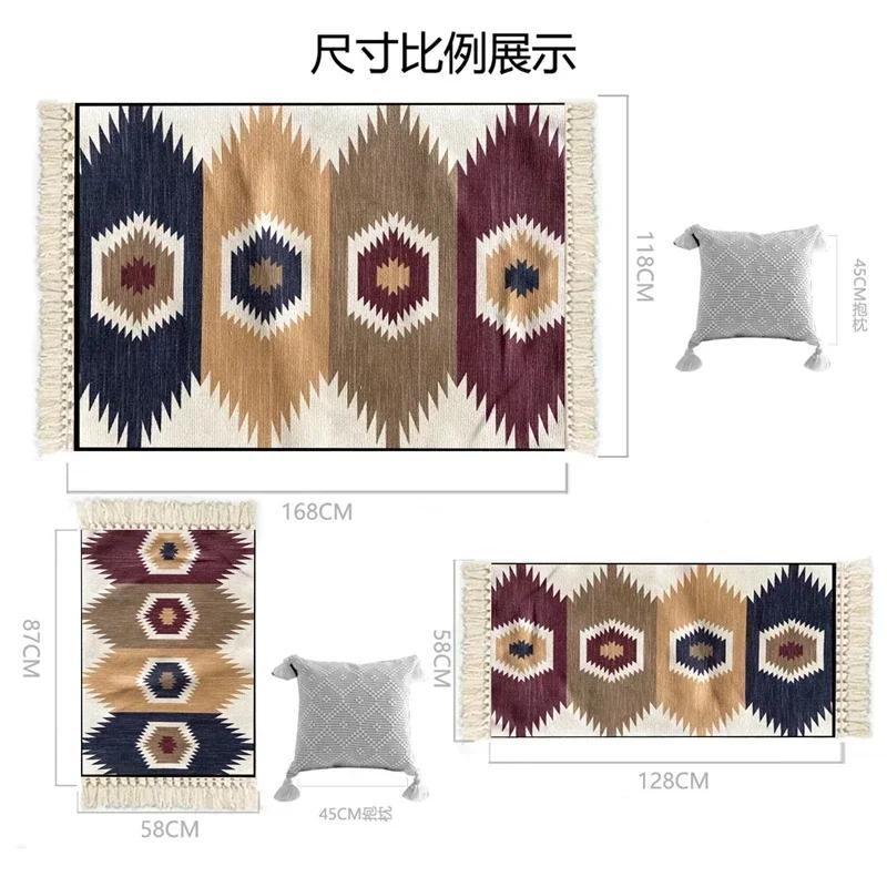 Persian Style Hand-Knotted Floor Mat With Tassels Retro Ethnic Geometric Printed Area Rugs Kitchen Bedroom Bath Non-Slip Carpet