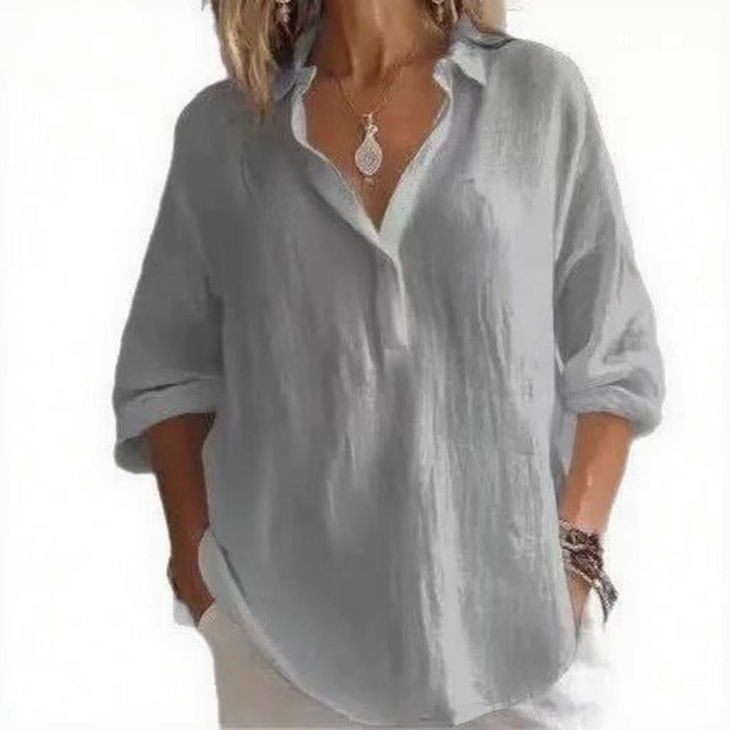Spring and Summer New Style Solid Color Comfortable Loose Large-Sized V-Neck Long-Sleeve Women's Shirt