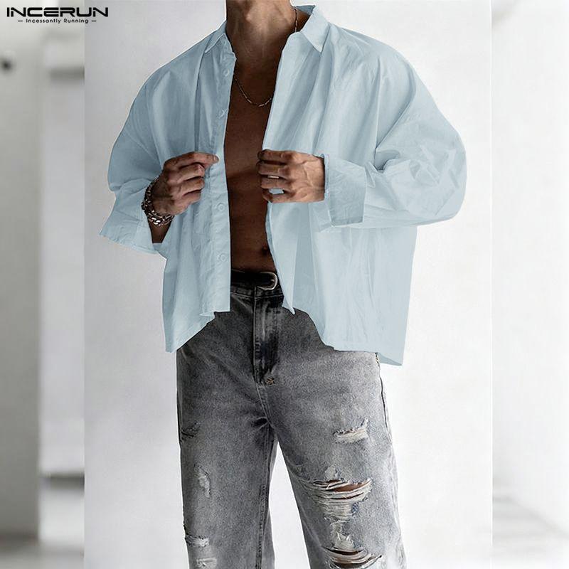INCERUN Oversized Men Lapel Neck Long Sleeve Casual Loose Cropped Shirts