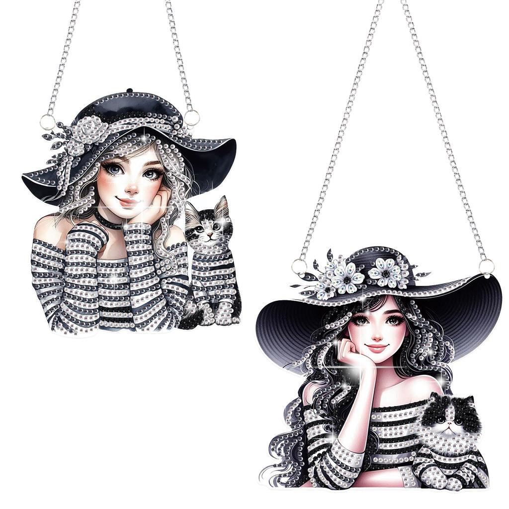 2Pcs Girl Theme 2D/Flat DIY Rhinestone Diamond Art Window Pendants Crystal Painting Ornament Window Hanging Art for Home Decor