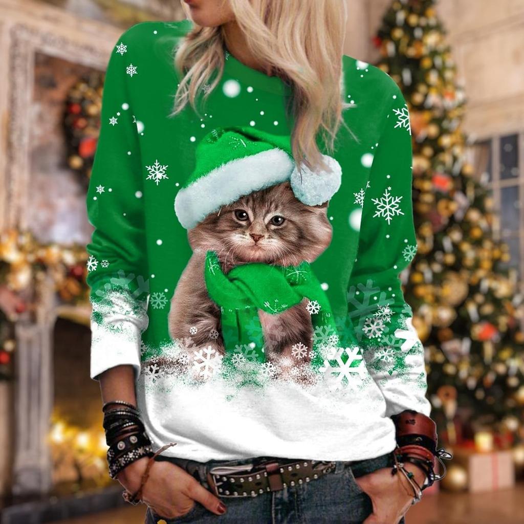 Christmas Women's Sweatshirt Cat Sportswear Holiday Print Christmas Casual Round Neck Long Sleeve Top Micro Stretch S-3XL