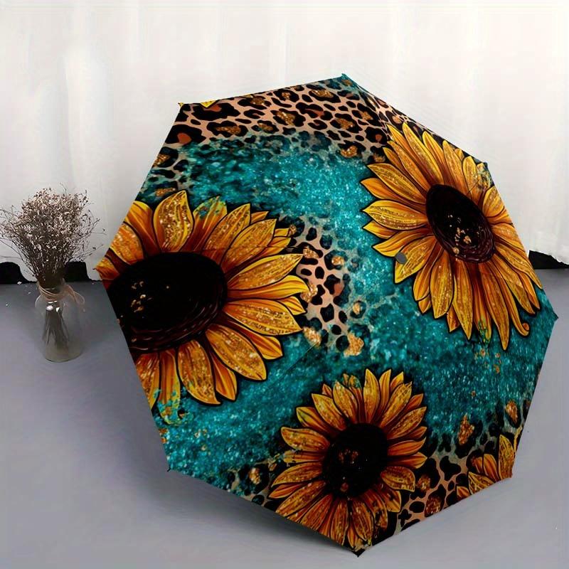 1pc Leopard Sunflower Pattern Automatic Folding Umbrella - Portable & Foldable 8-Rib Design, Vibrant Yellow & Black Sunflowers