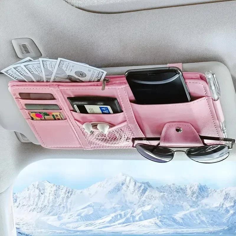 Multi Functional Sun Visor Storage Bag with Phone Holder Sunglass Case and Card Slots Space Saving Car Accessory