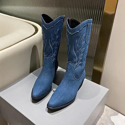 Blue Cowboy Knight Motorcycle Women's Boots Embroidered Retro Western All-match Thick Heels Outdoor Denim Mid Calf Boots  2024