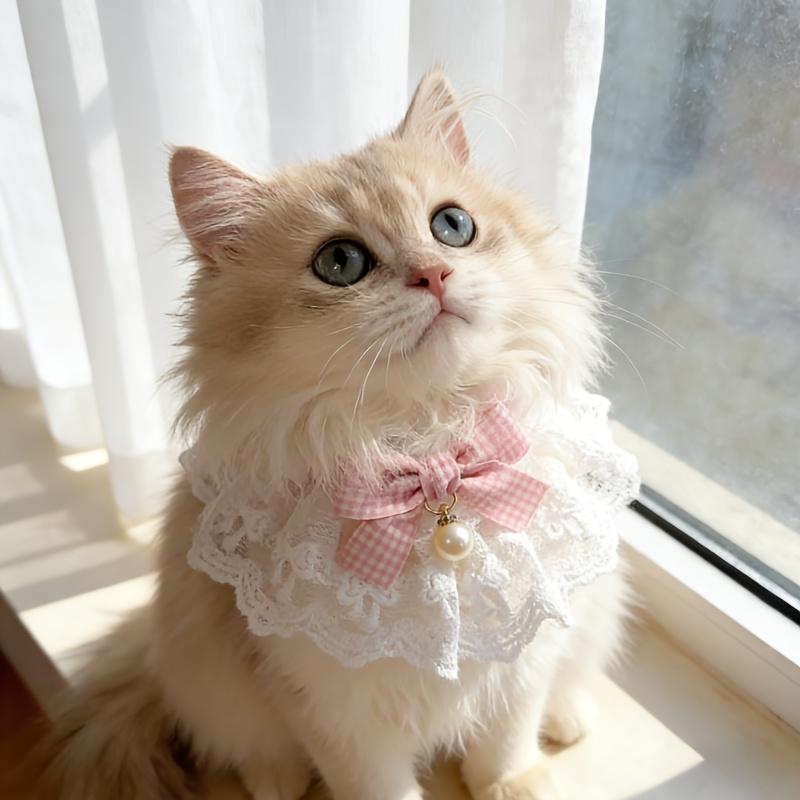 Pearl Bow Lace Pet Scarf, Checkered Adjustable Collar for Cats & Dogs, Party Photo Accessory