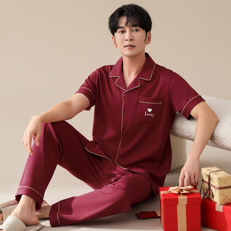 1011 Summer New Couple Pajamas Pure Cotton Red Natal Year Short-sleeved Trousers Set Wedding Men's and Women's Loungewear