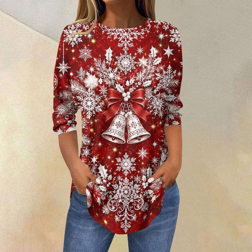 Women's Christmas Print Three-Quarter Sleeve Neck T-Shirt Top
