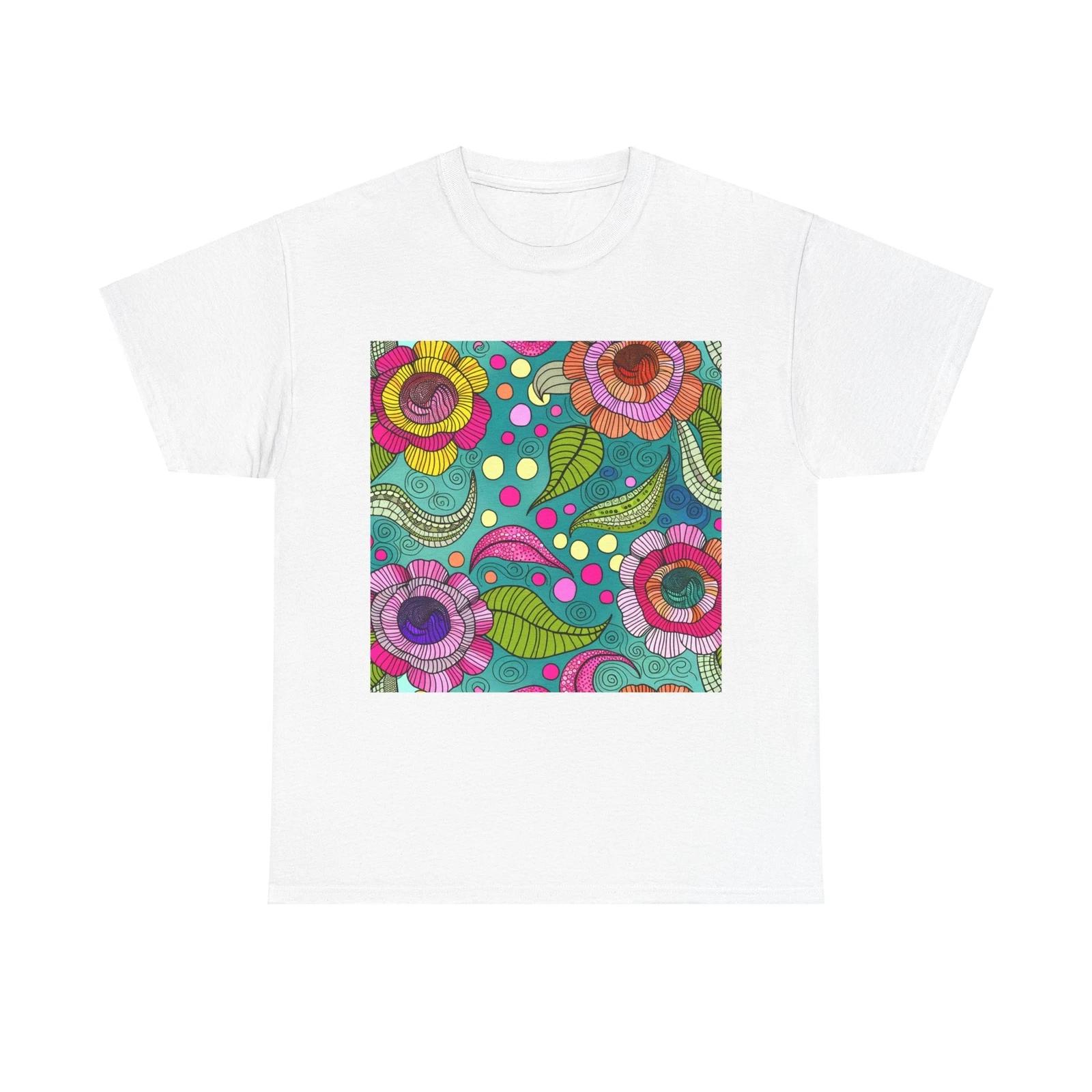 Unisex Adult T Shirt Funky Floral Retro Pattern Teal 70s Vintage Style 4XL