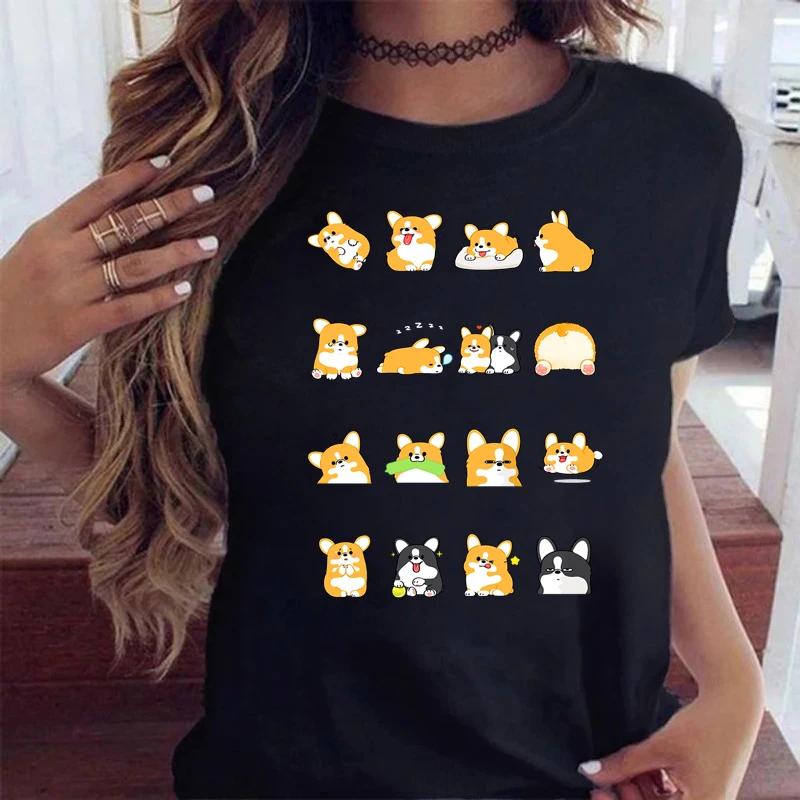 Maycaur Funny Cute Corgi Dog Printed TShirt Harajuku 90s Kawaii Women Short Sleeves T Shirts Tops Graphic Tees Female Tshirt