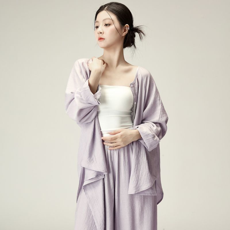 Summer Women Button Down Round Neck Long Sleeve Beige Blouse Casual