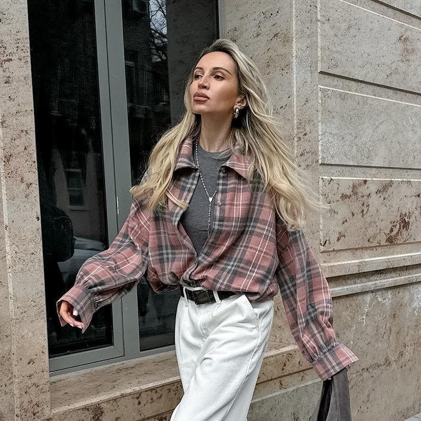 Autumn Fashion Retro Minimalist Loose Polyester Cotton Lapel Plaid Shirt Versatile Russian Long-sleeved Women's Shirt