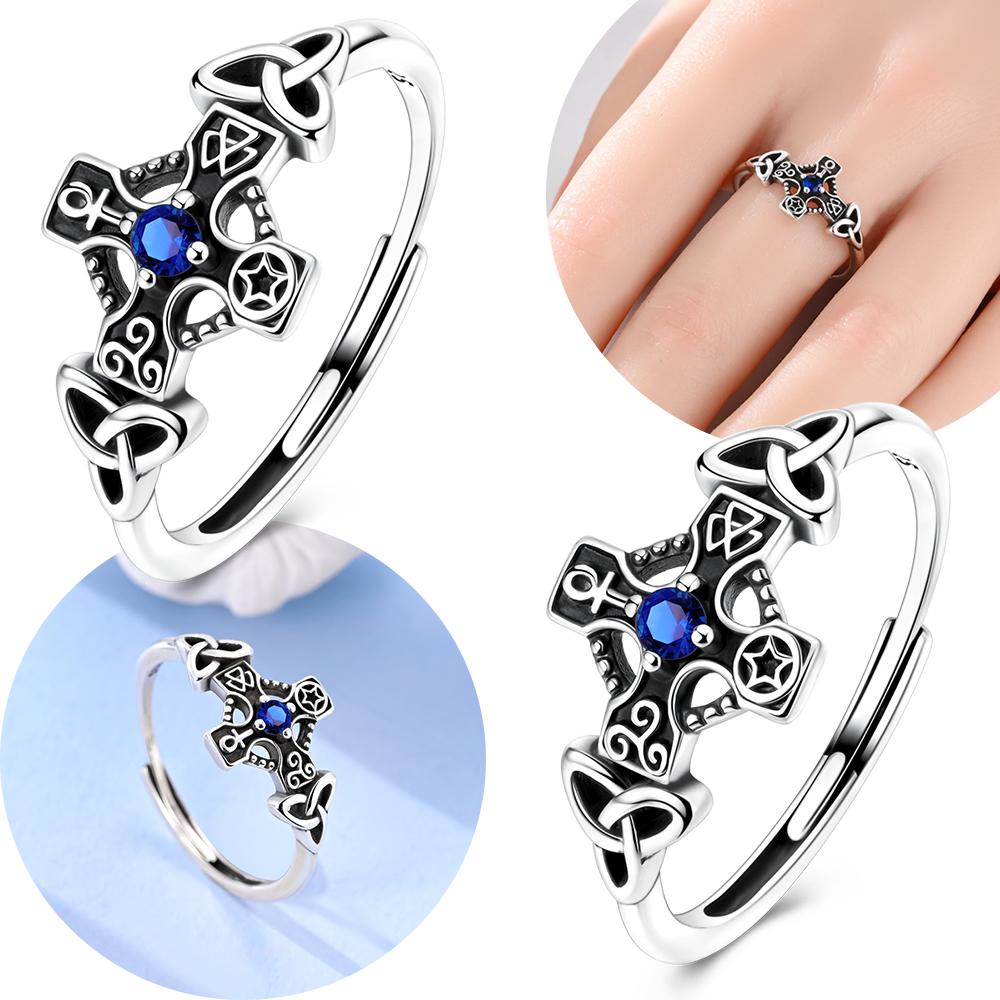 Authentic Original Copper Metal Dark Blue Zircon Cross Ring Celtic Knot Star Open Ring Delicate Accessory Anniversary High Quality Fine Jewelry