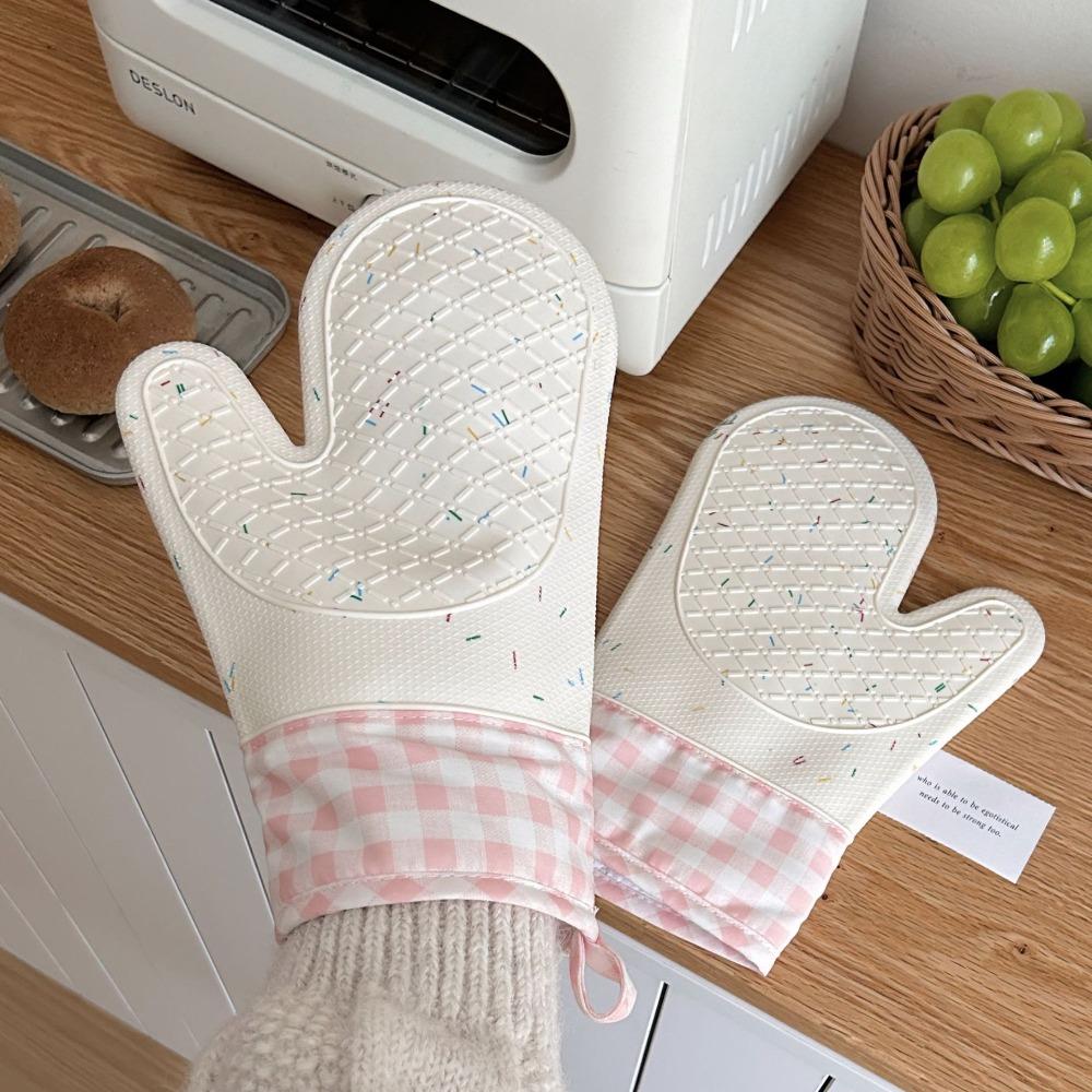 Anti Scalding Silicone Gloves Pink Plaid Oven Gloves Hot Pot Mitts Microwave Gloves  Baking