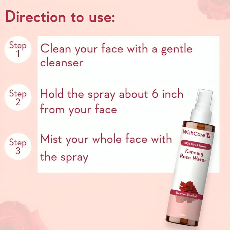 WishCare® 100% Pure & Natural Rose Water - For Skin, Face & Hair - Steam Distilled - Kannauj Gulab Jal - Spray Skin Toner –200ml