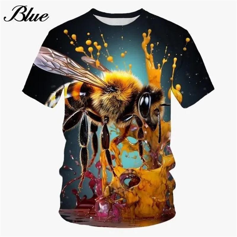 Summer Round Neck 3D Honeybee Pattern Print Top Fashionable Casual Short Sleeved Men's T-shirts
