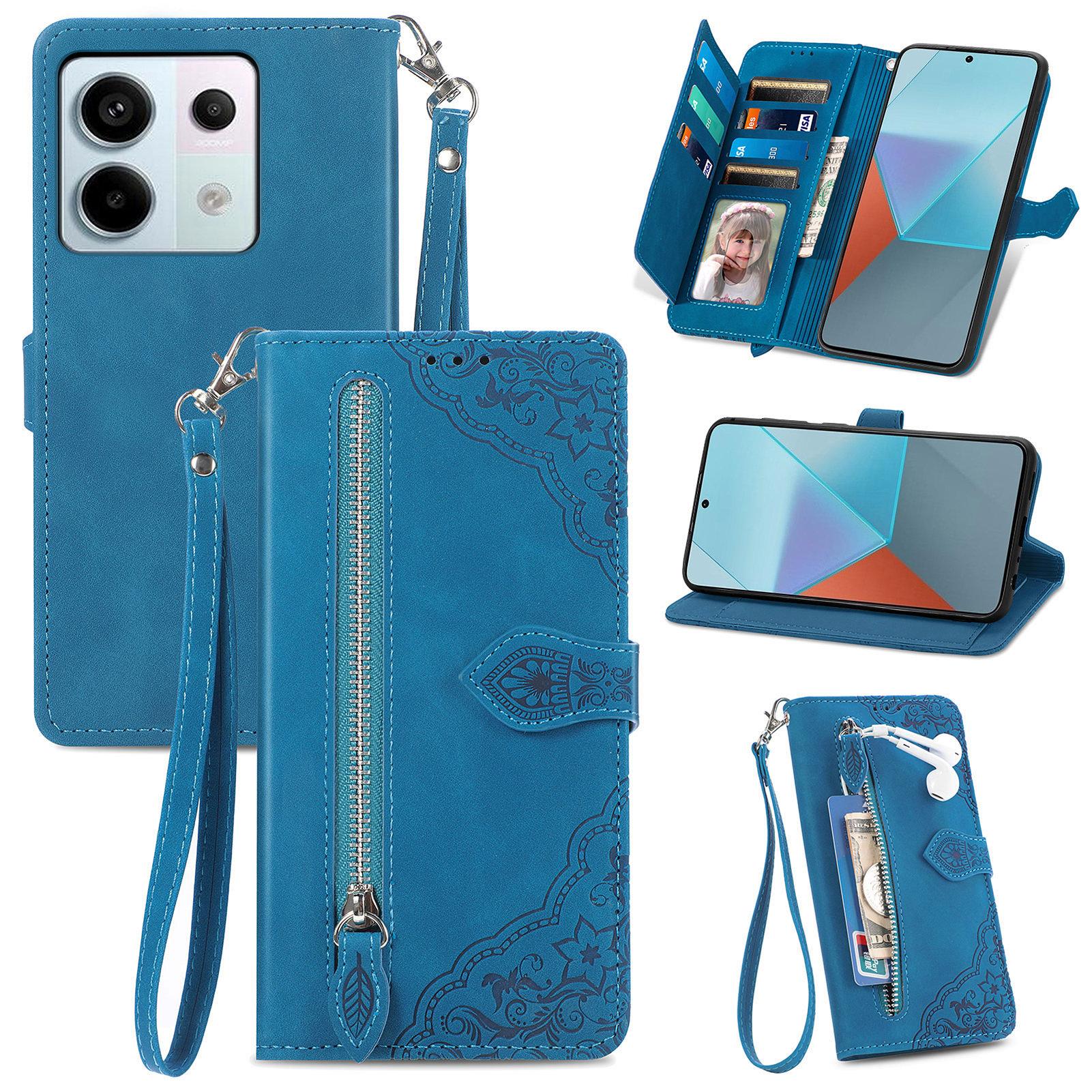 

For Xiaomi Redmi Note 13 Pro 5G/Poco X6 5G Zipper Wallet Case with Strap Flower Imprint PU Leather Phone Cover Blue