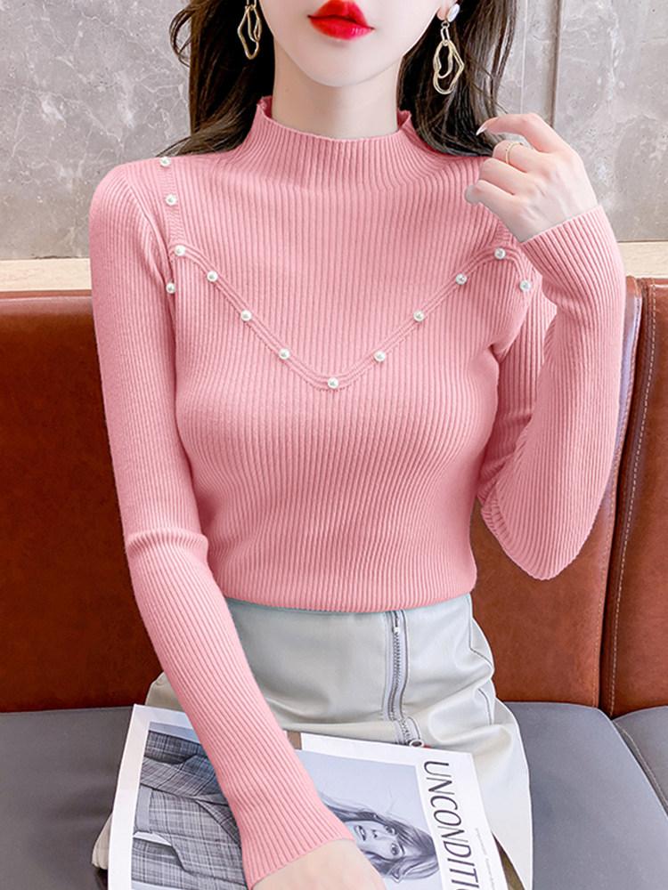 2026 Autumn Winter Women Mock Neck Pearl‑Decor Ribbed Knit Pullover Stylish Slim‑Fit Long‑Sleeve Inner Sweater Solid Top