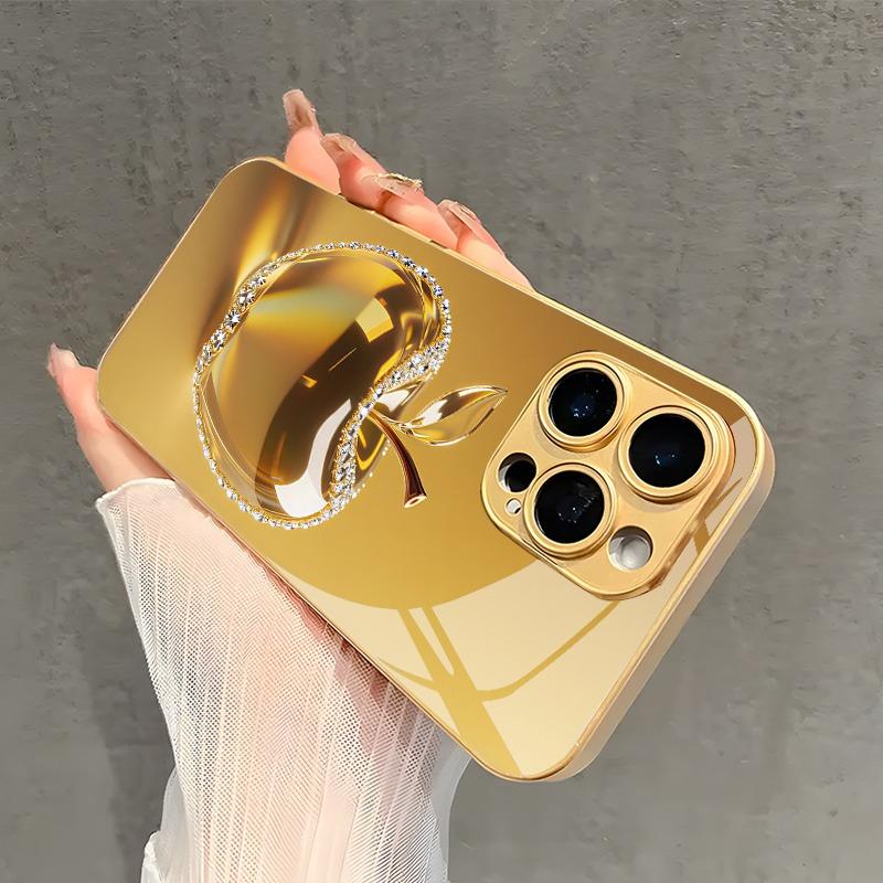 Gold Diamond Crystal For Apple Print Metallic Paint Glass Phone Case For iPhone 17 16 15 14 13 12 Pro Max Plus 17 Air 16E Cover