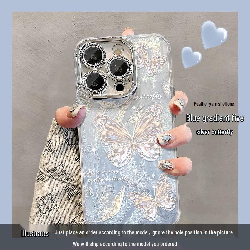 Gradient Blue Butterfly iPhone 13 Pro Lens Film & Women's Case for iPhone 12-X, 15, & 16