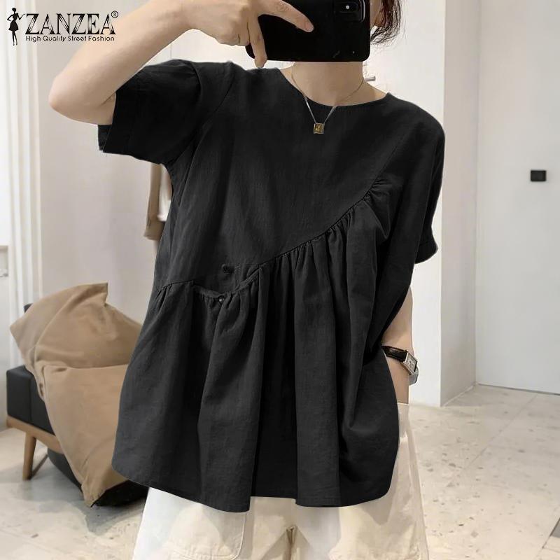 ZANZEA Women Casual Round Neck Loose Summer Cotton Short Sleeve T-Shirts
