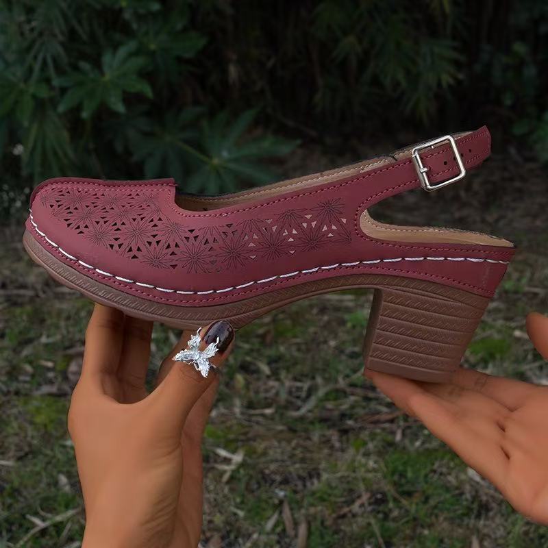 The New Style of Shoes Features Hollowed-out Toe Caps, Wedge Heels, Large-sized Women's Shoes, and Thick Heels